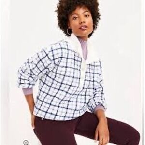 LOFT Windowpane Plaid Rib Trim Sherpa Top Button Up Pullover Sweatshirt Womens M